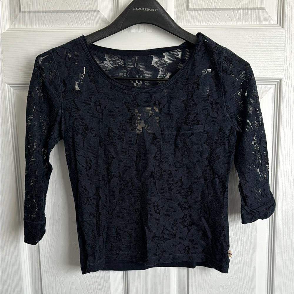 Hollister Navy Blue Floral Lace Three-Quarter Sleeve Blouse